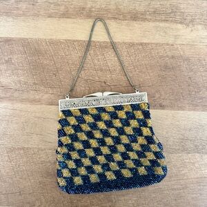 Antique 1920s Art Deco Evening Bag Checkered Squares Beaded Filigree Clamshell